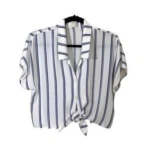ARITZIA Wilfred Free Blue & White Striped Cropped Button Down Shirt